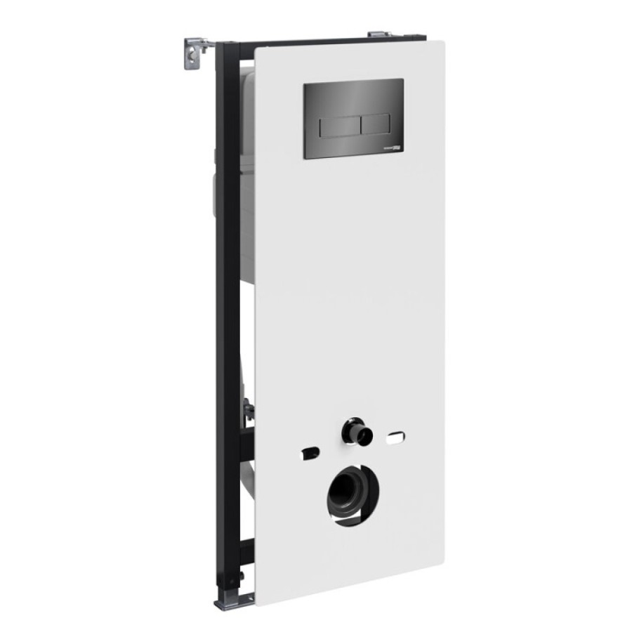 Инсталляция для унитаза WasserKraft Abens 20TLT.010.ME.WH.PB03, декоративная стеклянная панель белая, механическая кнопка смыва черная
