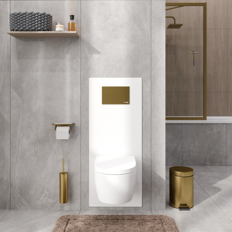 Инсталляция для унитаза WasserKraft Abens 20TLT.010.ME.WH.MG04, декоративная стеклянная панель белая, механическая кнопка смыва золото матовое