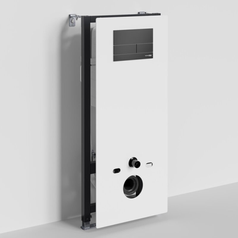 Инсталляция для унитаза WasserKraft Abens 20TLT.010.ME.WH.MB04, декоративная стеклянная панель белая, механическая кнопка смыва черная матовая