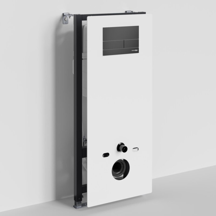 Инсталляция для унитаза WasserKraft Abens 20TLT.010.ME.WH.MB04, декоративная стеклянная панель белая, механическая кнопка смыва черная матовая