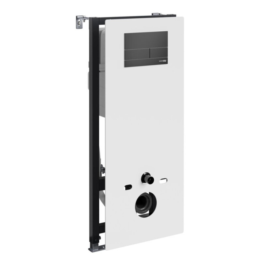 Инсталляция для унитаза WasserKraft Abens 20TLT.010.ME.WH.MB04, декоративная стеклянная панель белая, механическая кнопка смыва черная матовая