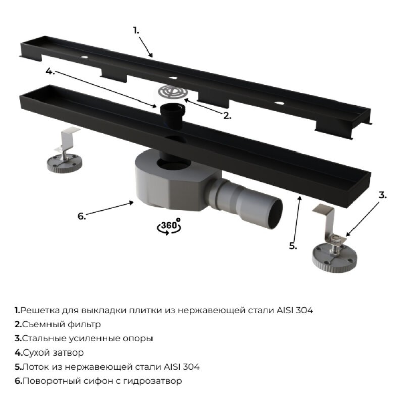 Дренажный канал RGW SDR-08B 21210810-014, 100 см, с решеткой под плитку, черный