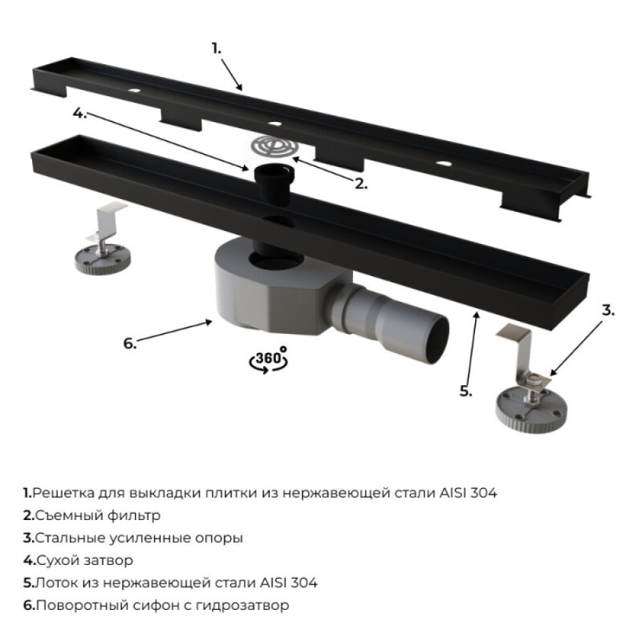 Дренажный канал RGW SDR-08B 21210812-014, 120 см, с решеткой под плитку, черный