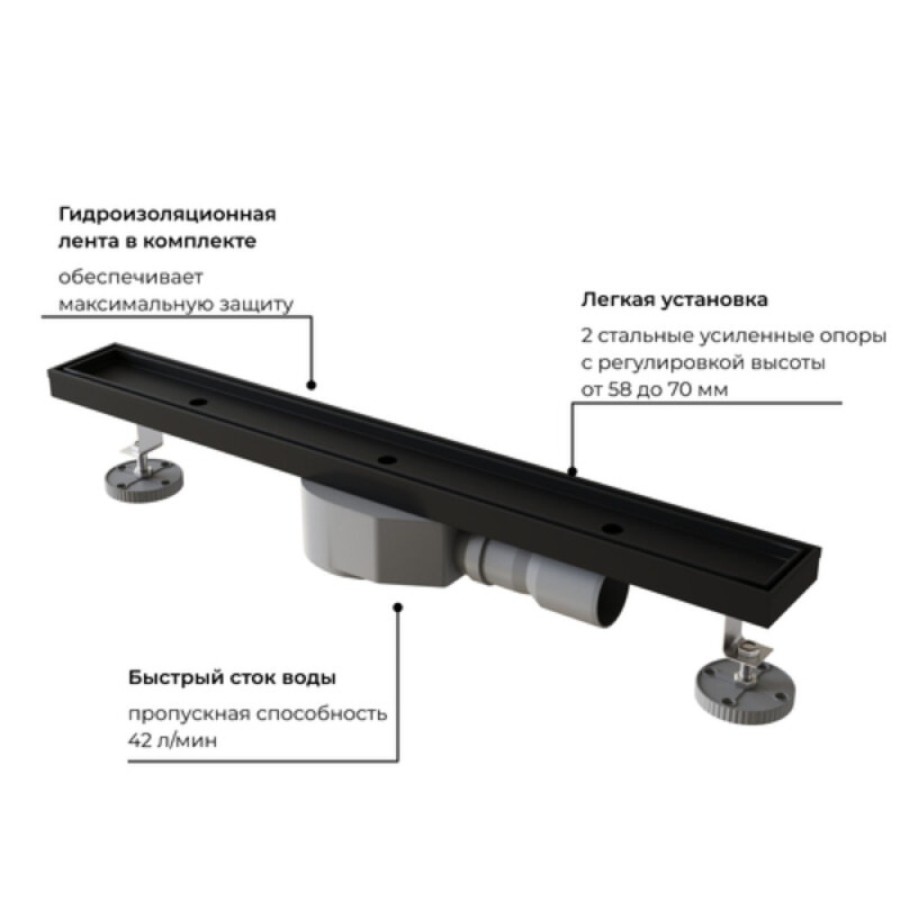 Дренажный канал RGW SDR-08B 21210870-014, 70 см, с решеткой под плитку, черный