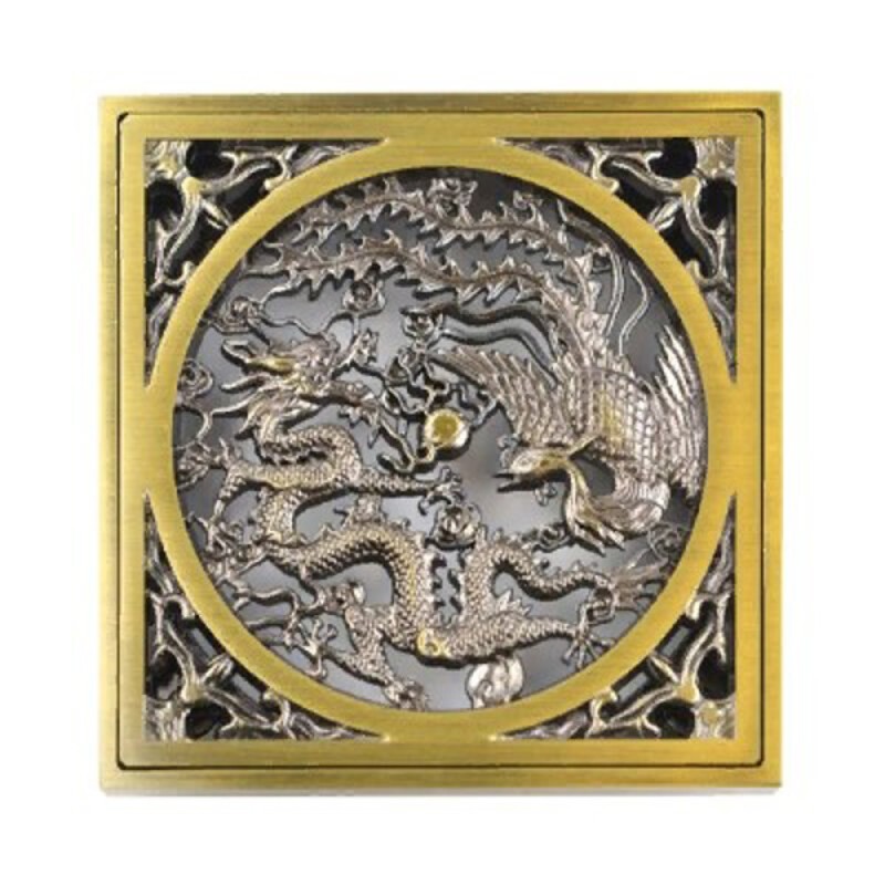 Душевой трап Bronze de Luxe, вертикальный выход, магнитный сухой затвор, с дизайн-решеткой Дракон, бронза, 21986-5902