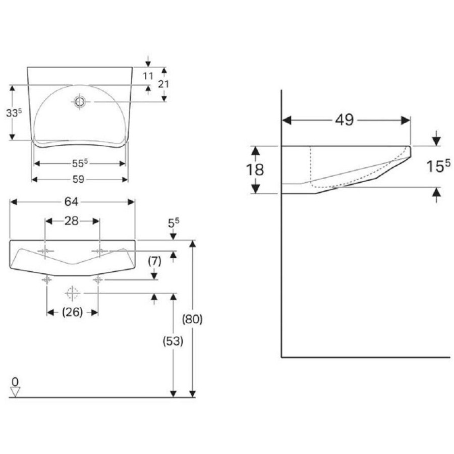 Раковина Geberit Paracelsus 251060000, 64 см, фарфор, белая