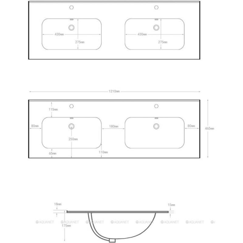 Раковина сдвоенная Aquanet Flat 254367, 120 см, керамика, белая