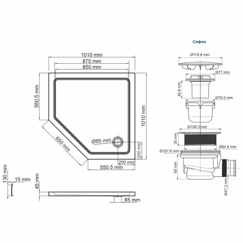 Душевой поддон WasserKRAFT Isen, пятиугольный, 100 x 100 см, акрил 5 мм, белый, 26T38