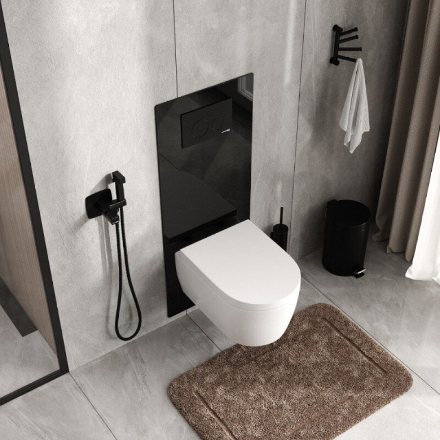 Инсталляция для унитаза WasserKraft Salm 27TLT.010.ME.BL.MB02, декоративная стеклянная панель черная, механическая кнопка смыва черная матовая