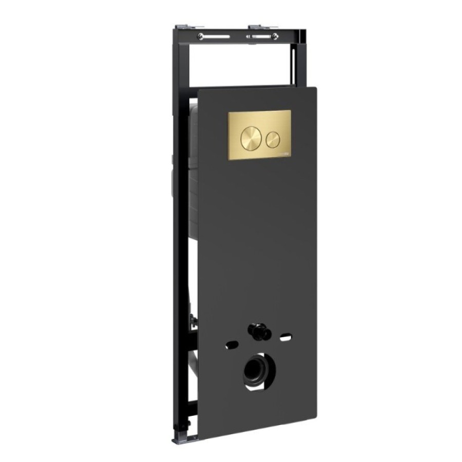 Инсталляция для унитаза WasserKraft Salm 27TLT.010.ME.BL.MG02, декоративная стеклянная панель черная, механическая кнопка смыва золото матовое