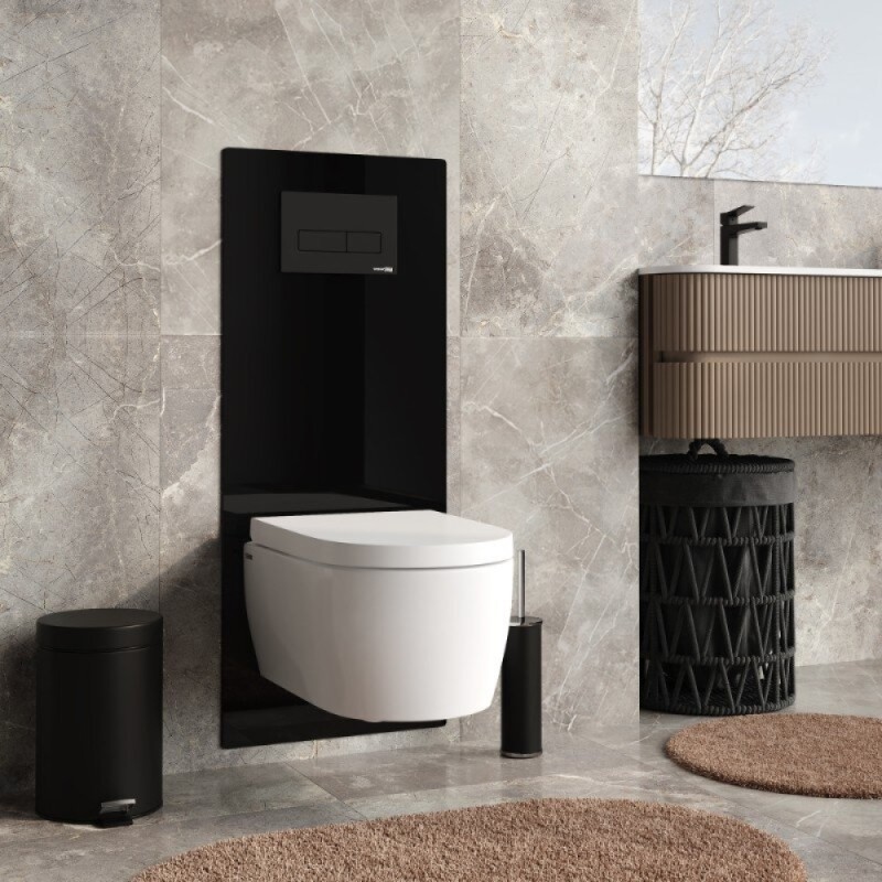 Инсталляция для унитаза WasserKraft Salm 27TLT.010.ME.BL.MB03, декоративная стеклянная панель черная, механическая кнопка смыва черная матовая