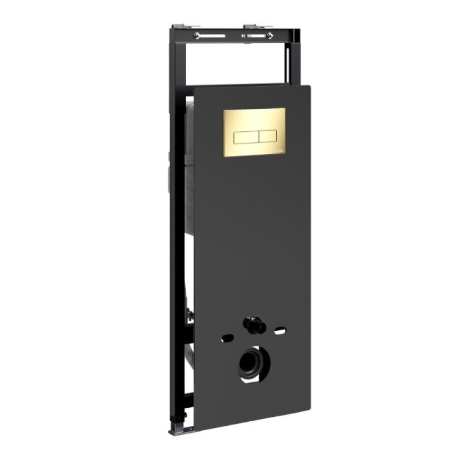 Инсталляция для унитаза WasserKraft Salm 27TLT.010.ME.BL.PG03, декоративная стеклянная панель черная, механическая кнопка смыва золото глянцевое