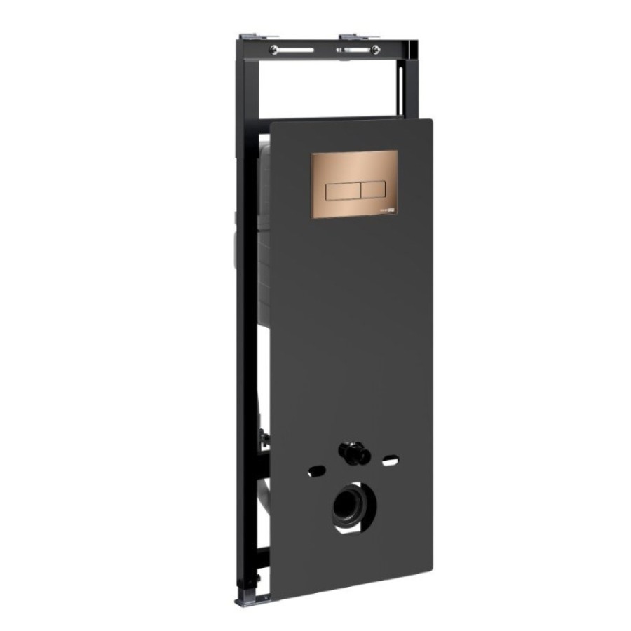 Инсталляция для унитаза WasserKraft Salm 27TLT.010.ME.BL.RG03, декоративная стеклянная панель черная, механическая кнопка смыва золото розовое