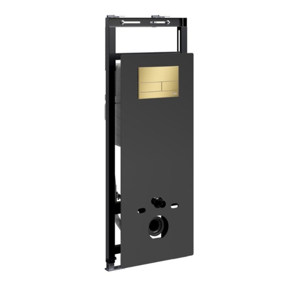 Инсталляция для унитаза WasserKraft Salm 27TLT.010.ME.BL.MG04, декоративная стеклянная панель черная, механическая кнопка смыва золото матовое