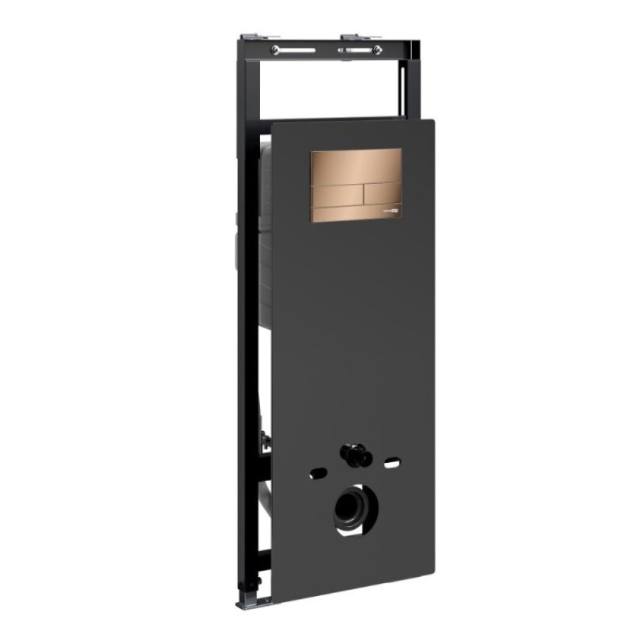 Инсталляция для унитаза WasserKraft Salm 27TLT.010.ME.BL.RG04, декоративная стеклянная панель черная, механическая кнопка смыва золото розовое