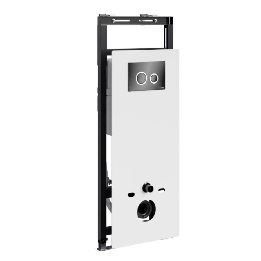 Инсталляция для унитаза WasserKraft Salm 27TLT.010.ME.WH.PB01, декоративная стеклянная панель белая, механическая кнопка смыва черная, ободки хром