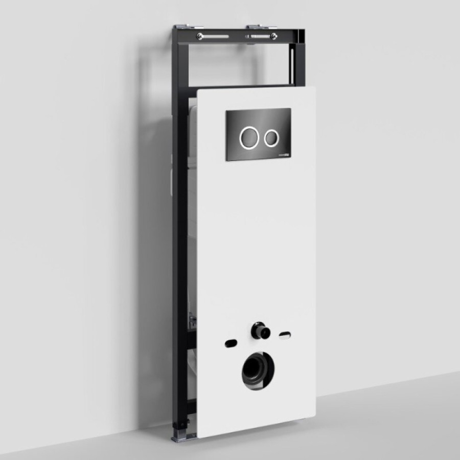 Инсталляция для унитаза WasserKraft Salm 27TLT.010.ME.WH.PB01, декоративная стеклянная панель белая, механическая кнопка смыва черная, ободки хром