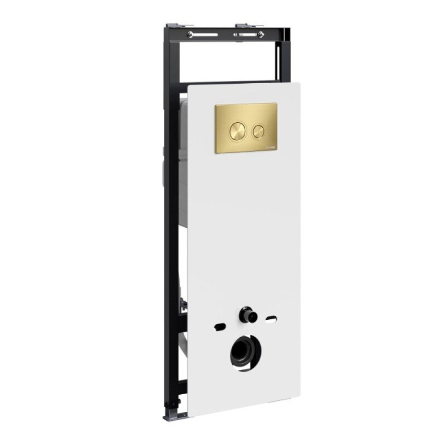 Инсталляция для унитаза WasserKraft Salm 27TLT.010.ME.WH.MG01, декоративная стеклянная панель белая, механическая кнопка смыва золото матовое