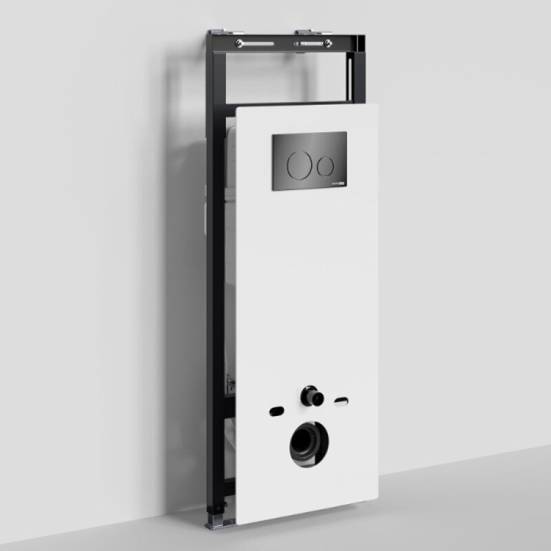 Инсталляция для унитаза WasserKraft Salm 27TLT.010.ME.WH.PB02, декоративная стеклянная панель белая, механическая кнопка смыва черная
