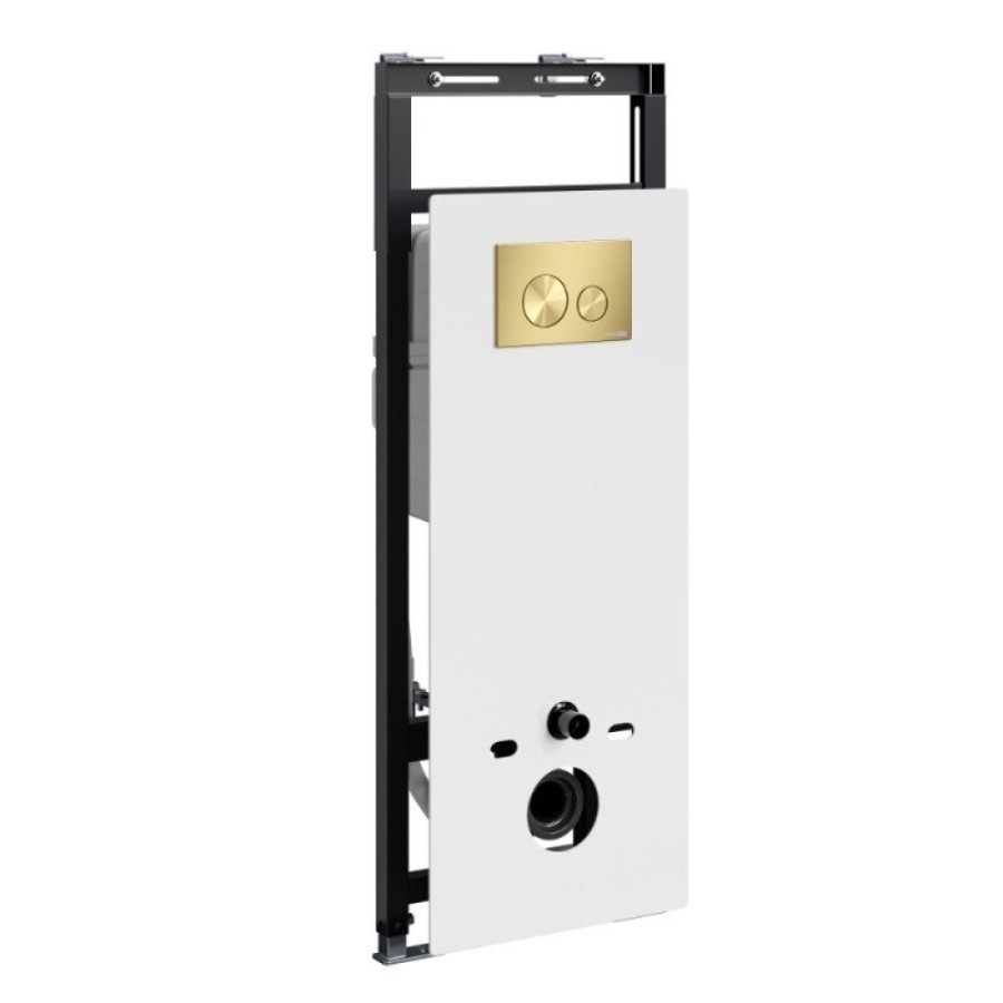 Инсталляция для унитаза WasserKraft Salm 27TLT.010.ME.WH.MG02, декоративная стеклянная панель белая, механическая кнопка смыва золото матовое