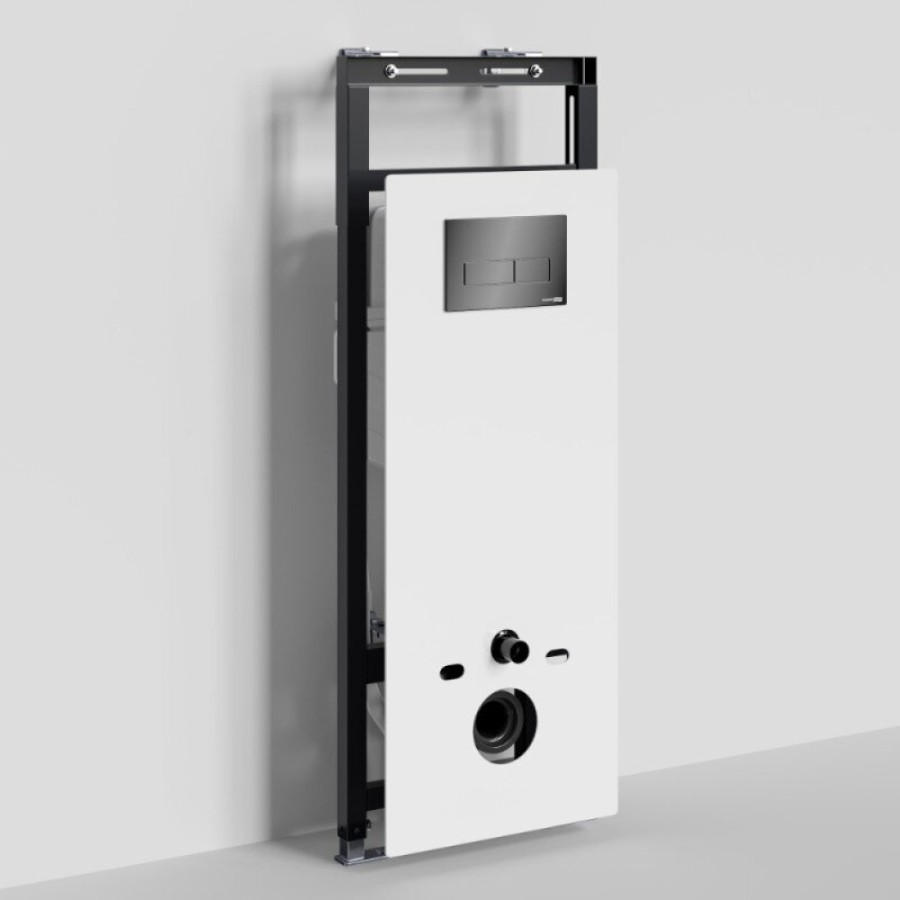 Инсталляция для унитаза WasserKraft Salm 27TLT.010.ME.WH.PB03, декоративная стеклянная панель белая, механическая кнопка смыва черная
