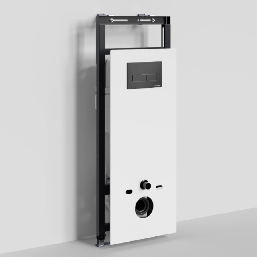 Инсталляция для унитаза WasserKraft Salm 27TLT.010.ME.WH.MB03, декоративная стеклянная панель белая, механическая кнопка смыва черная матовая
