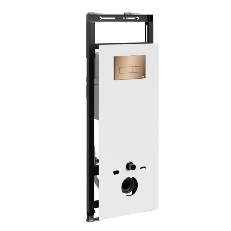 Инсталляция для унитаза WasserKraft Salm 27TLT.010.ME.WH.RG03, декоративная стеклянная панель белая, механическая кнопка смыва золото розовое