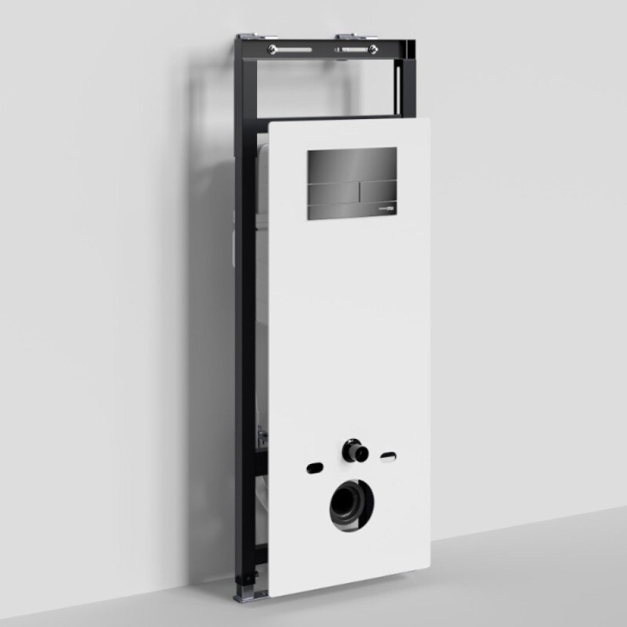 Инсталляция для унитаза WasserKraft Salm 27TLT.010.ME.WH.PB04, декоративная стеклянная панель белая, механическая кнопка смыва черная