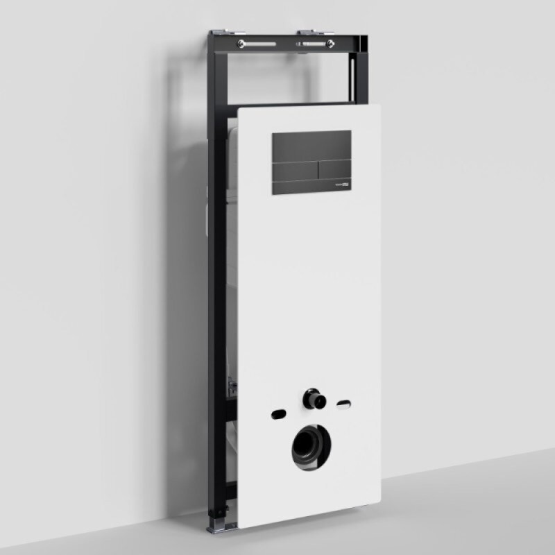 Инсталляция для унитаза WasserKraft Salm 27TLT.010.ME.WH.MB04, декоративная стеклянная панель белая, механическая кнопка смыва черная матовая
