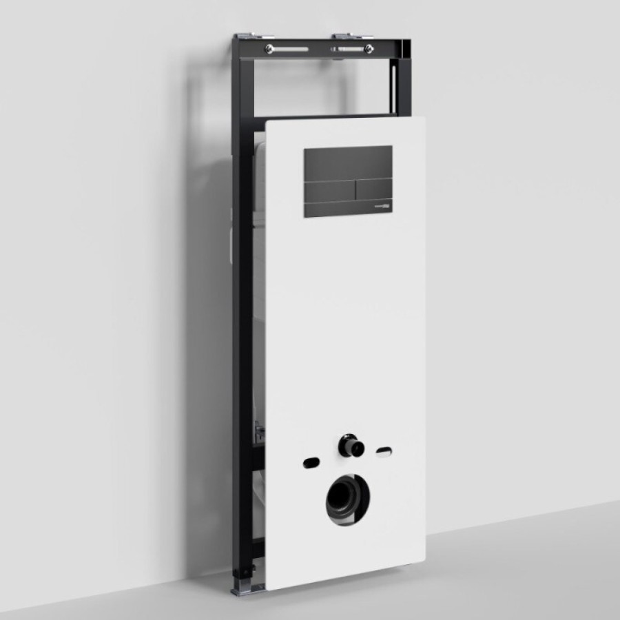 Инсталляция для унитаза WasserKraft Salm 27TLT.010.ME.WH.MB04, декоративная стеклянная панель белая, механическая кнопка смыва черная матовая