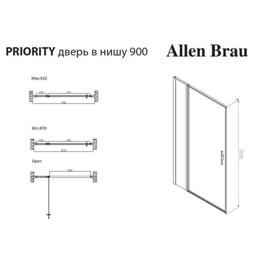 Душевая дверь Allen Brau Priority, 3.31026.BA, 90 см, стекло прозрачное, профиль серебро брашированное
