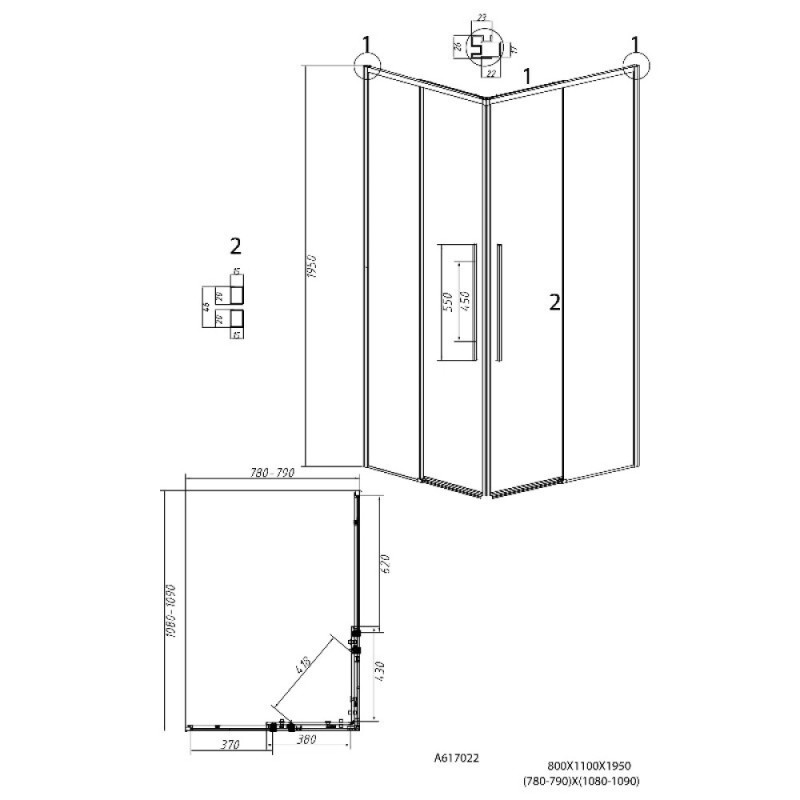 Душевой уголок Grossman Galaxy 300.K33.01.11R80L.21.02, 110 х 80 см, стекло шиншилла, профиль черный матовый, правый