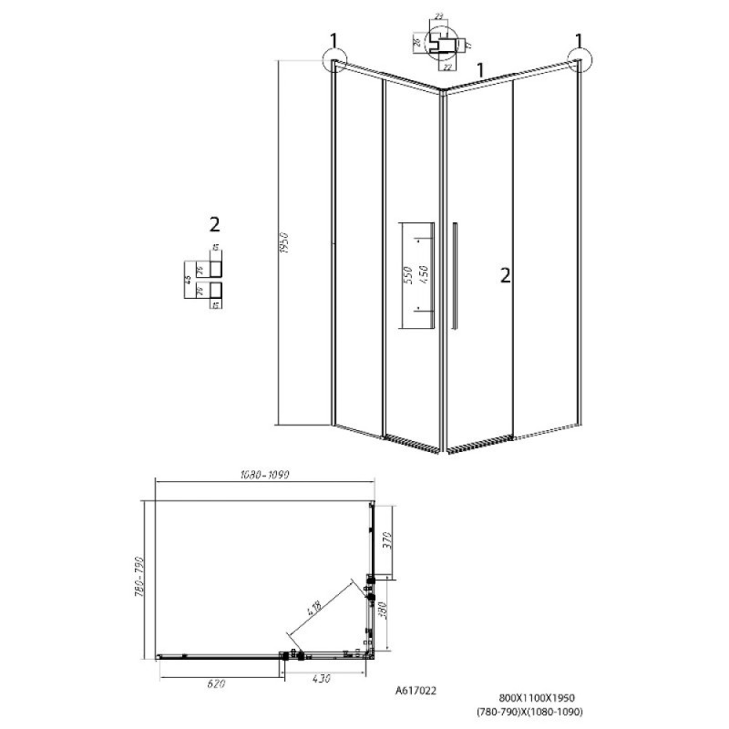 Душевой уголок Grossman Galaxy 300.K33.01.80R11L.21.02, 80 х 110 см, стекло шиншилла, профиль черный матовый, левый