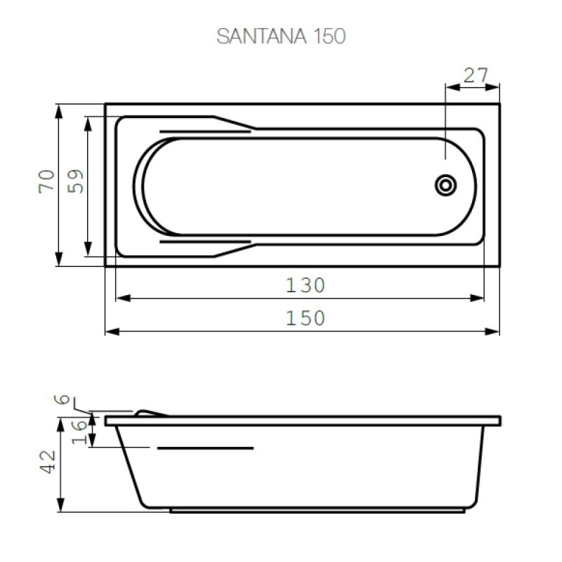 Ванна прямоугольная Cersanit Santana, 301034, белая, 150 х 70 см