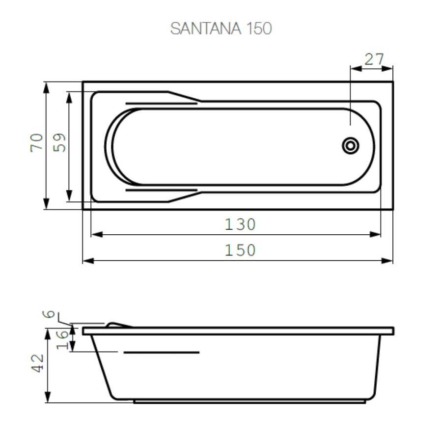 Ванна прямоугольная Cersanit Santana, 301034, белая, 150 х 70 см