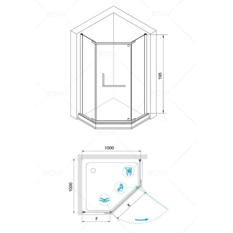 Душевой уголок RGW Hotel HO-081 B, 100 х 100 x 195 см, 350608100-14, дверь распашная, стекло прозрачное, черный, с полотенцедержателем