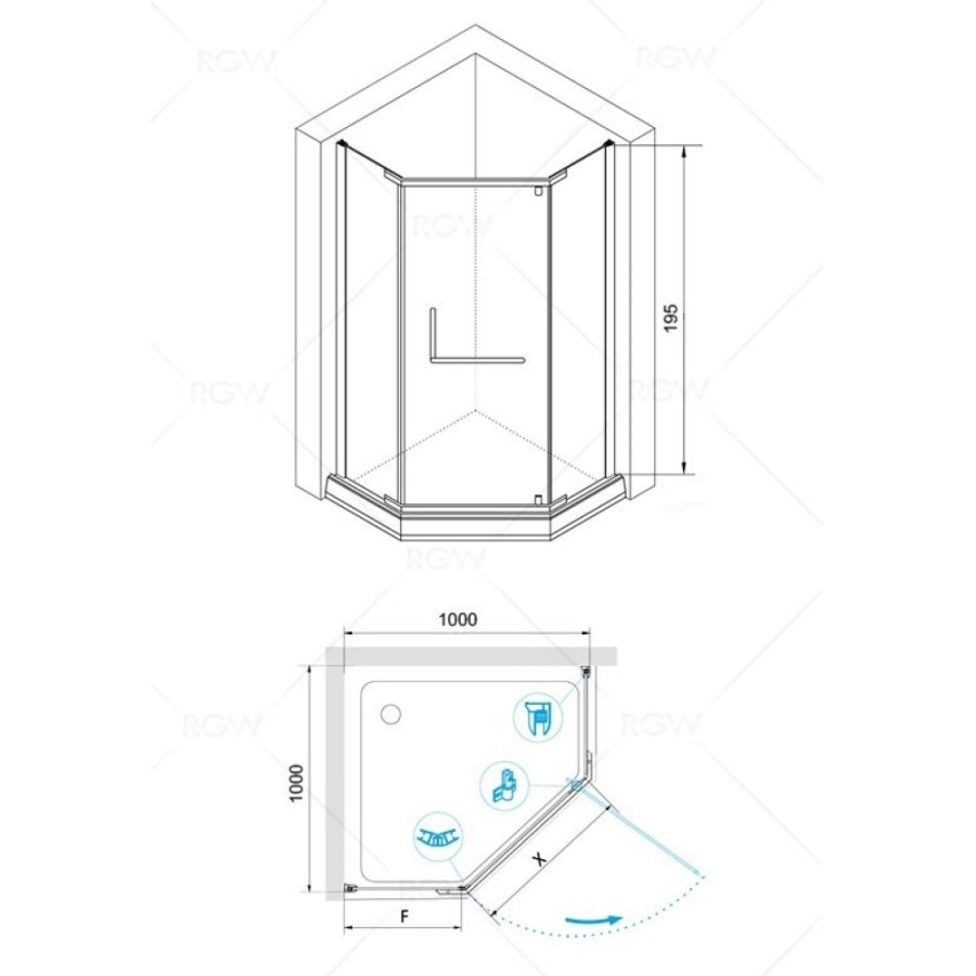 Душевой уголок RGW Hotel HO-081 B, 100 х 100 x 195 см, 350608100-14, дверь распашная, стекло прозрачное, черный, с полотенцедержателем