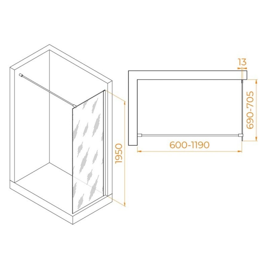 Душевая стенка RGW WA-010G Walk In, 70 см, стекло прозрачное, профиль золото, 351001007-16