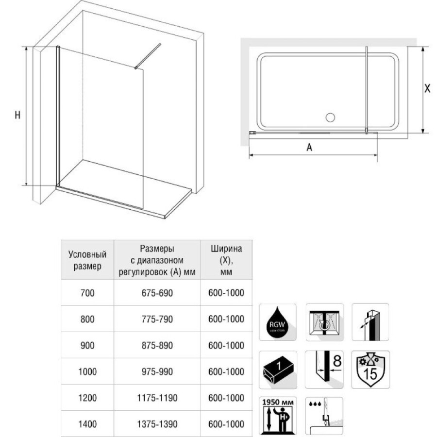 Душевая стенка RGW WA-010B Walk In, 100 см, стекло прозрачное, профиль черный, 351001010-14