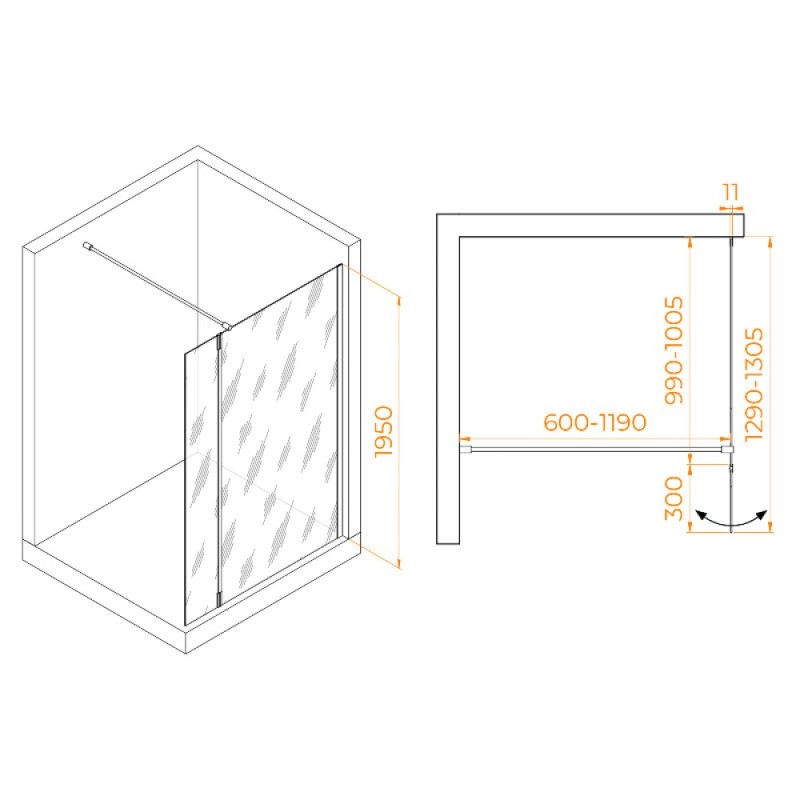 Душевой уголок RGW WA-050B (WA-002B + Z-070B) Walk In 351005003-14, 120 x 100 см, распашная створка, стекло прозрачное, профиль черный матовый