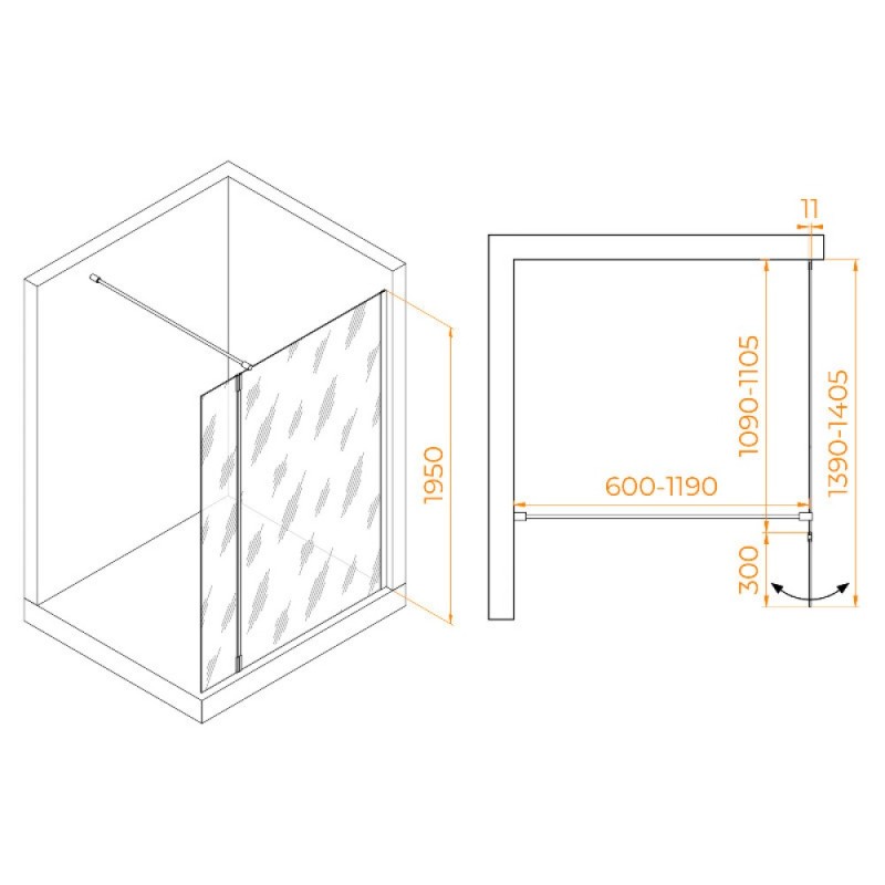 Душевой уголок RGW WA-050 (WA-002 + Z-070) Walk In 351005013-11, 120 x 110 см, распашная створка, стекло прозрачное, профиль хром
