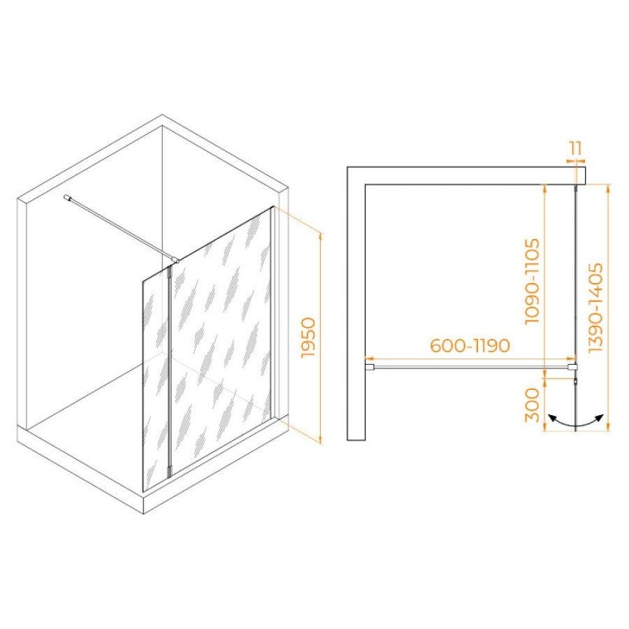Душевой уголок RGW WA-050Gb (WA-002Gb + Z-070Gb) Walk In 351005013-16, 120 x 110 см, распашная створка, стекло прозрачное, профиль золото брашированное