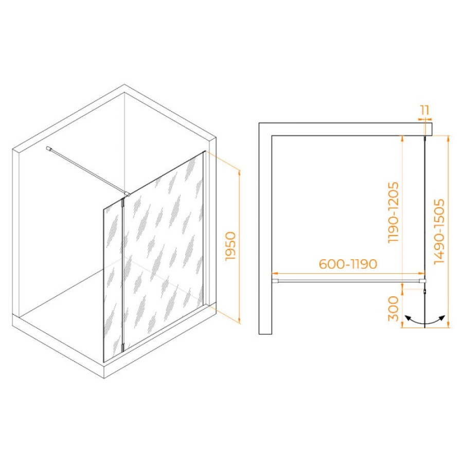 Душевой уголок RGW WA-050Gb (WA-002Gb + Z-070Gb) Walk In 351005023-16, 120 x 120 см, распашная створка, стекло прозрачное, профиль золото брашированное