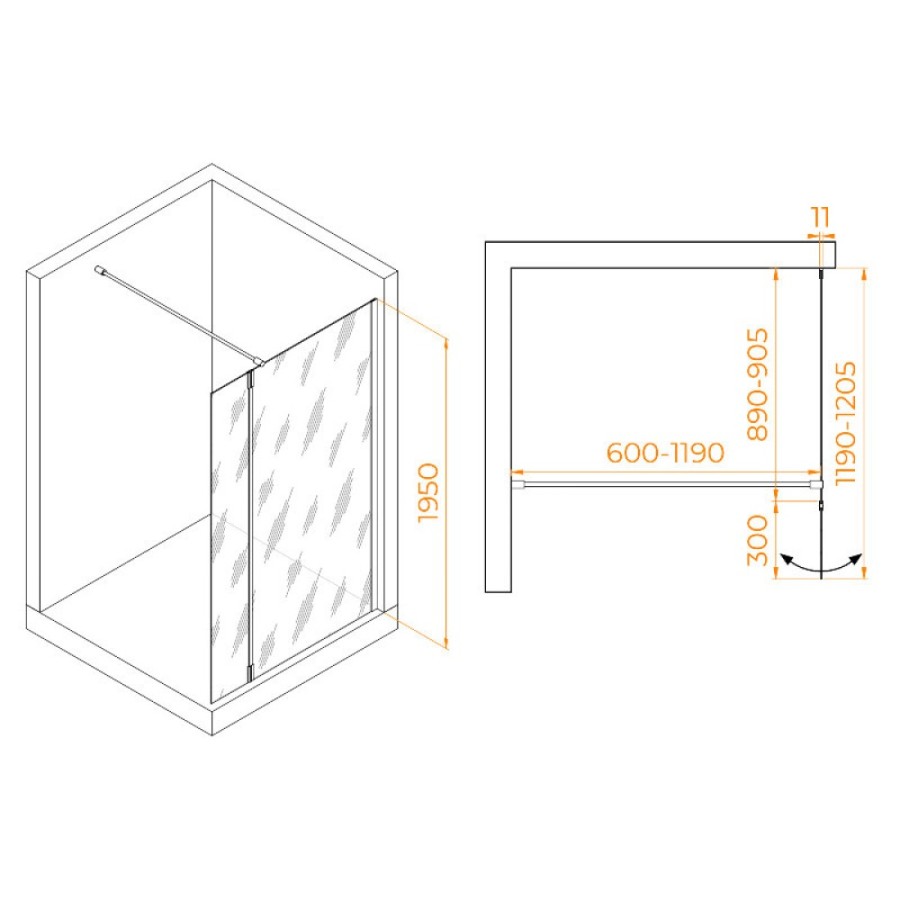 Душевой уголок RGW WA-050W (WA-002W + Z-070W) Walk In 351005093-15, 120 x 90 см, распашная створка, стекло прозрачное, профиль белый