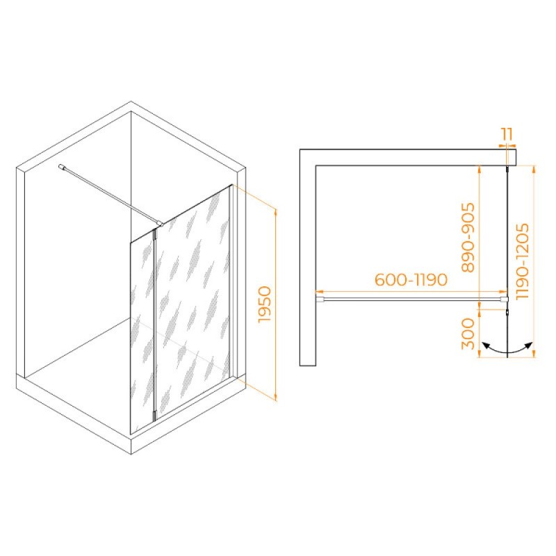 Душевой уголок RGW WA-050Gb (WA-002Gb + Z-070Gb) Walk In 351005093-16, 120 x 90 см, распашная створка, стекло прозрачное, профиль золото брашированное