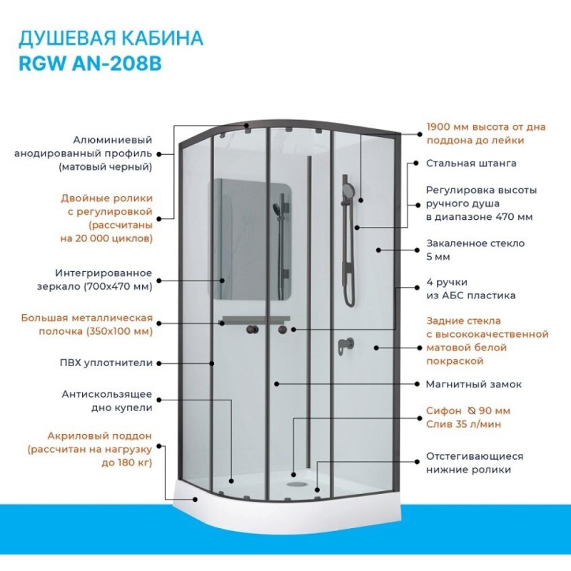 Душевая кабина RGW Andaman AN 208B, 381320899-14, 90 x 90 см, стекло прозрачное, профиль черный матовый