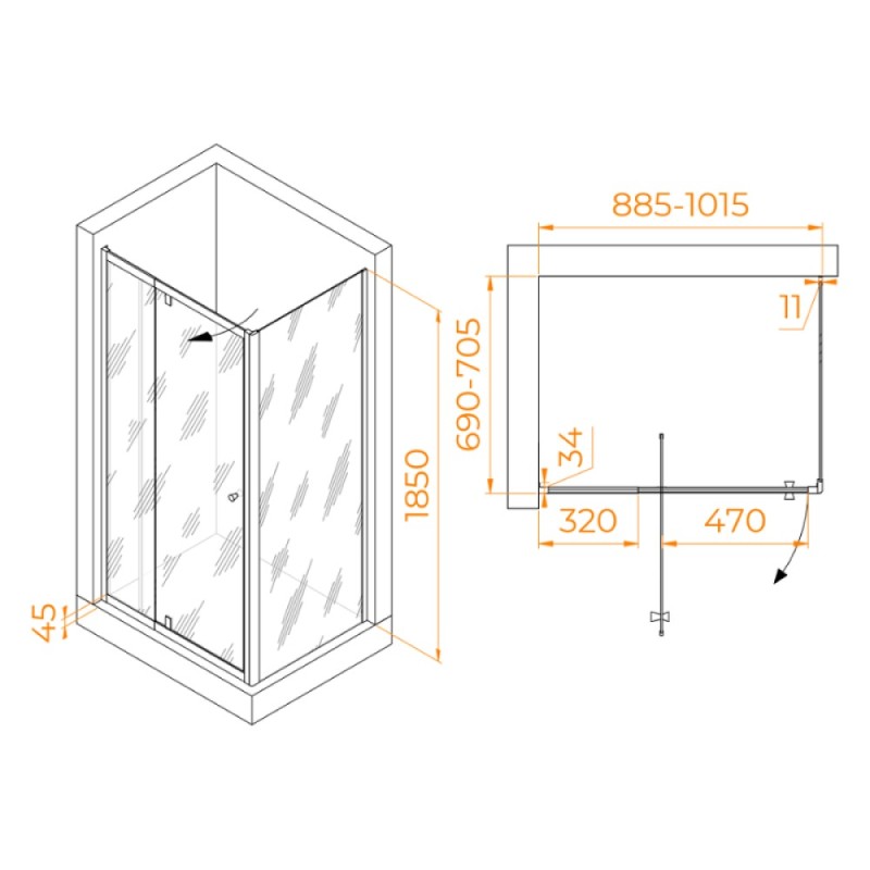 Душевой уголок RGW Passage PA-44 (PA-02 NEW + Z-050-1) 41084497-011, 90 х 70 см, стекло прозрачное, профиль хром