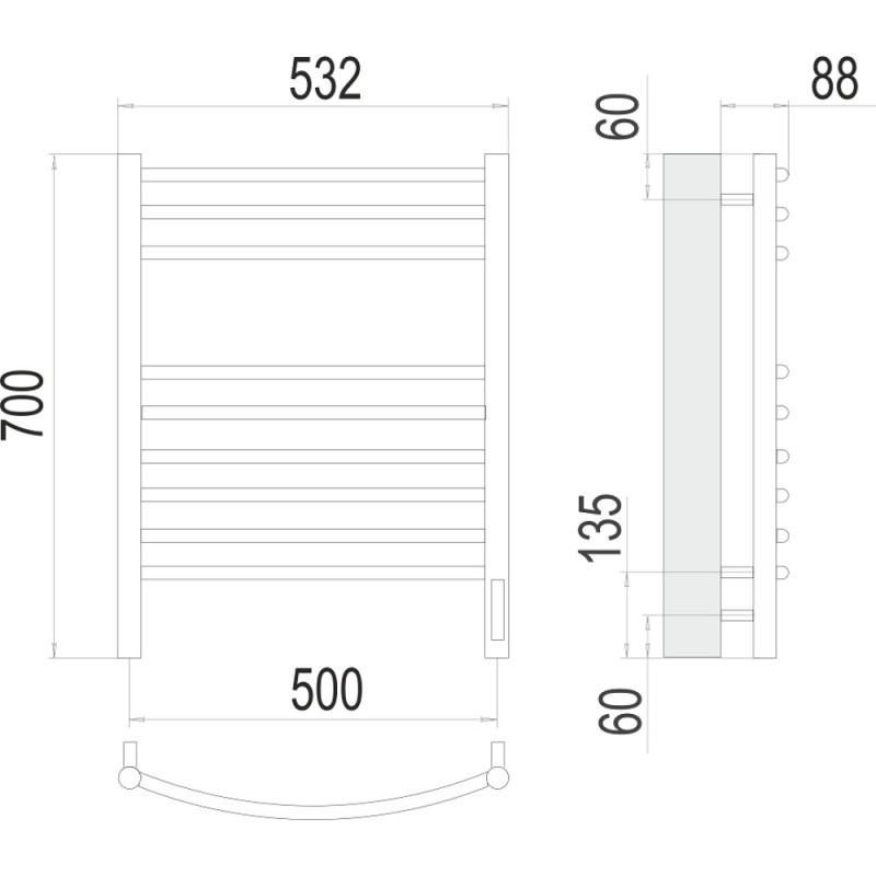 Полотенцесушитель электрический Terminus Классик П9 500х700 (sensor quick touch), ширина 50 см, высота 70 см, белый матовый RAL 9003
