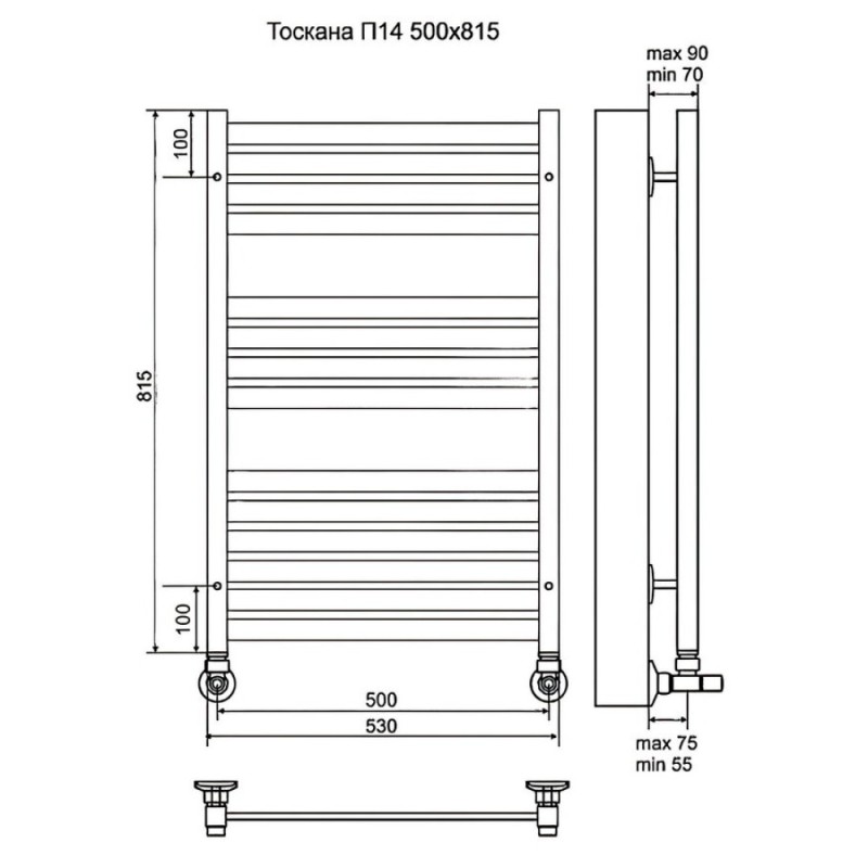 Полотенцесушитель водяной Terminus Тоскана П14 500x815, ширина 50 см, высота 81.5 см, хром