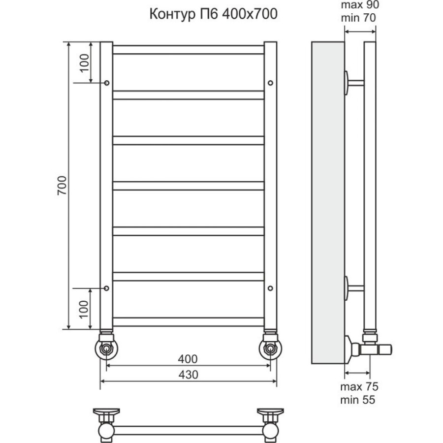 Полотенцесушитель водяной Terminus Контур 4660059582436, П6 400x700, ширина 40 см, высота 70 см, хром